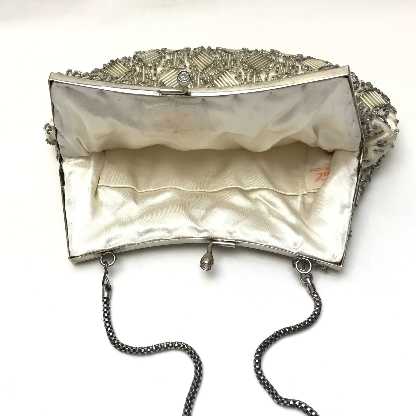 Vintage Beaded Purse with Geometric Design, Silver and Clear Beads, Silver Hardware, Evening Bag