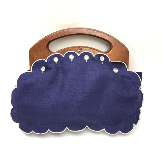 Blue Fabric Purse with Wooden Handles, The Bermuda Bag by H.A. & E Smith, SMALL FAULTS