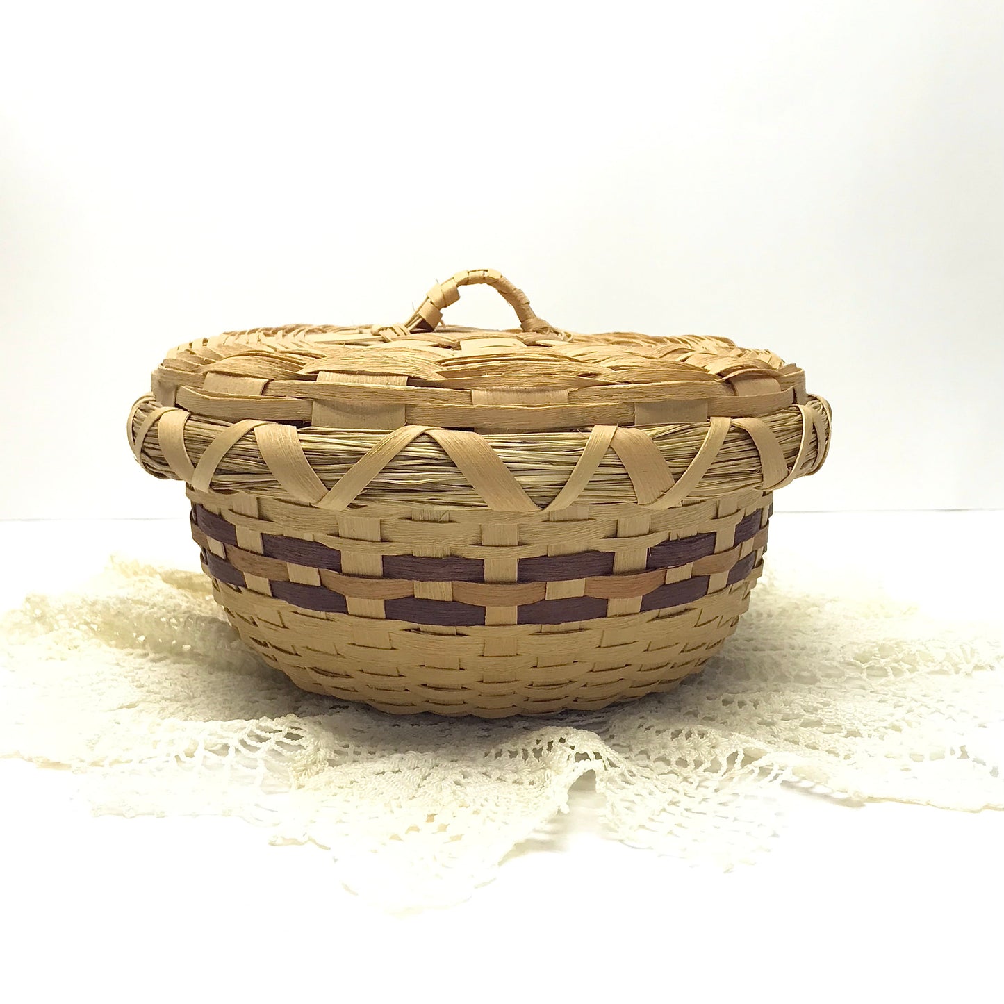 Native Sewing Basket, Mi’kmaq Lidded Basket, Hand Woven Round Basket, Signed and Dated