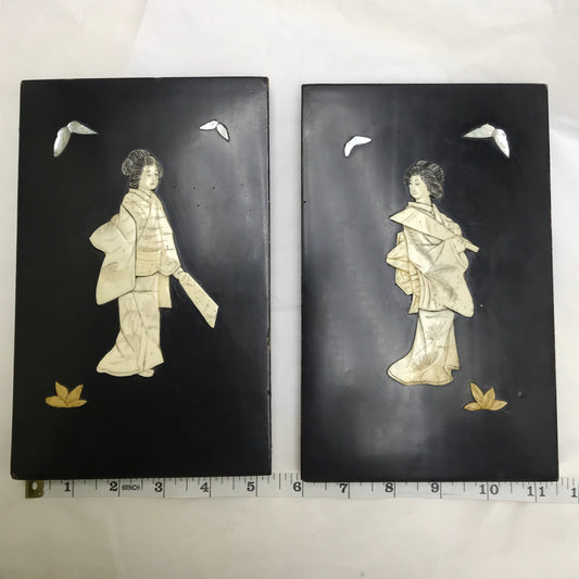 Pair of Small Antique Japanese Inlay Panels, 9X5 inches, Geisha figures