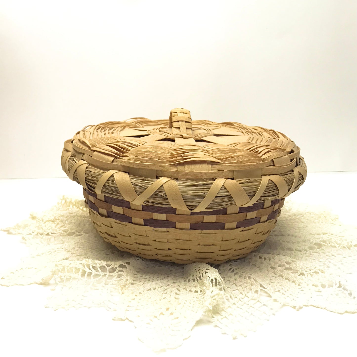 Native Sewing Basket, Mi’kmaq Lidded Basket, Hand Woven Round Basket, Signed and Dated