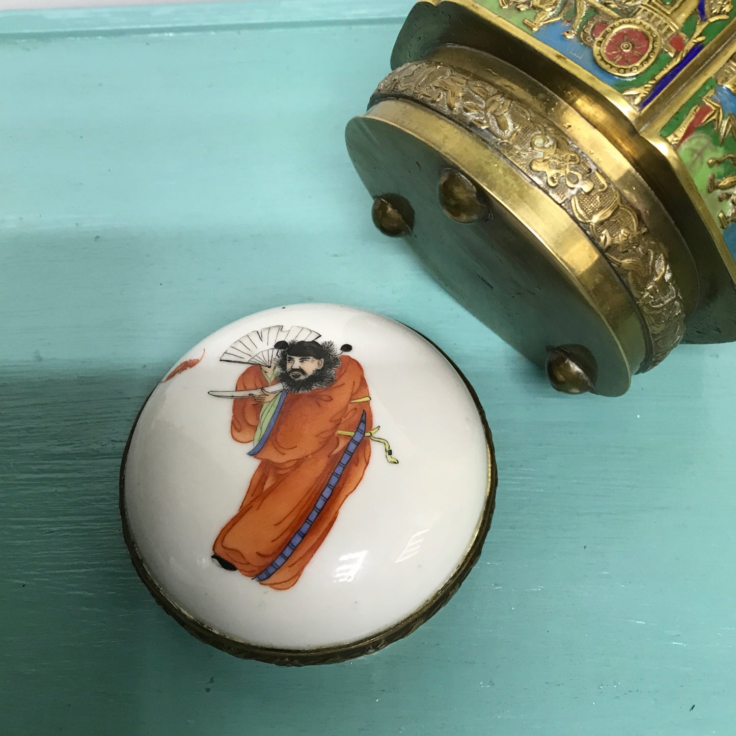 Brass Footed Jar with Hand Painted Porcelain Lid