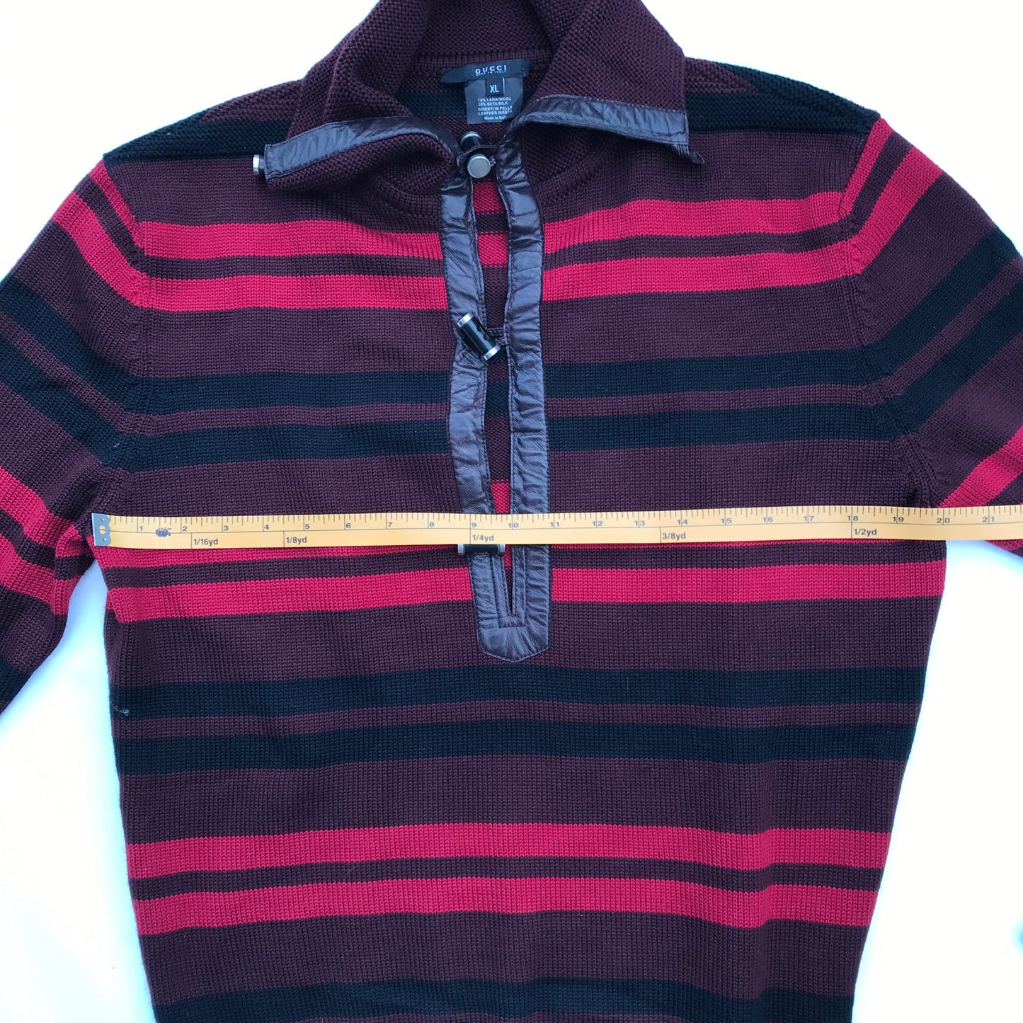 Maroon Striped Sweater with Toggle Buttonsand Leather Accents, Gucci Branded