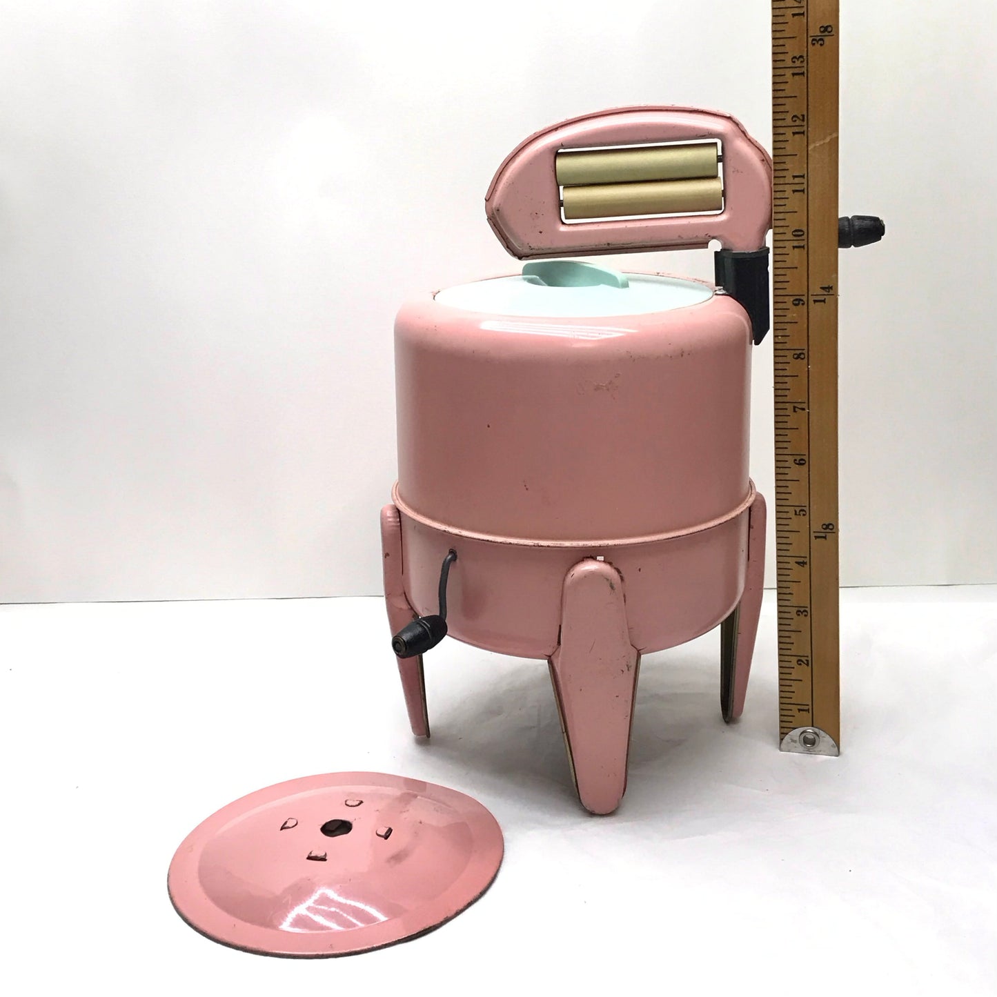 Vintage Pink Wolverine Wringer Washing Machine Toy, Clothes Line Base and Tattered Original Box Included.