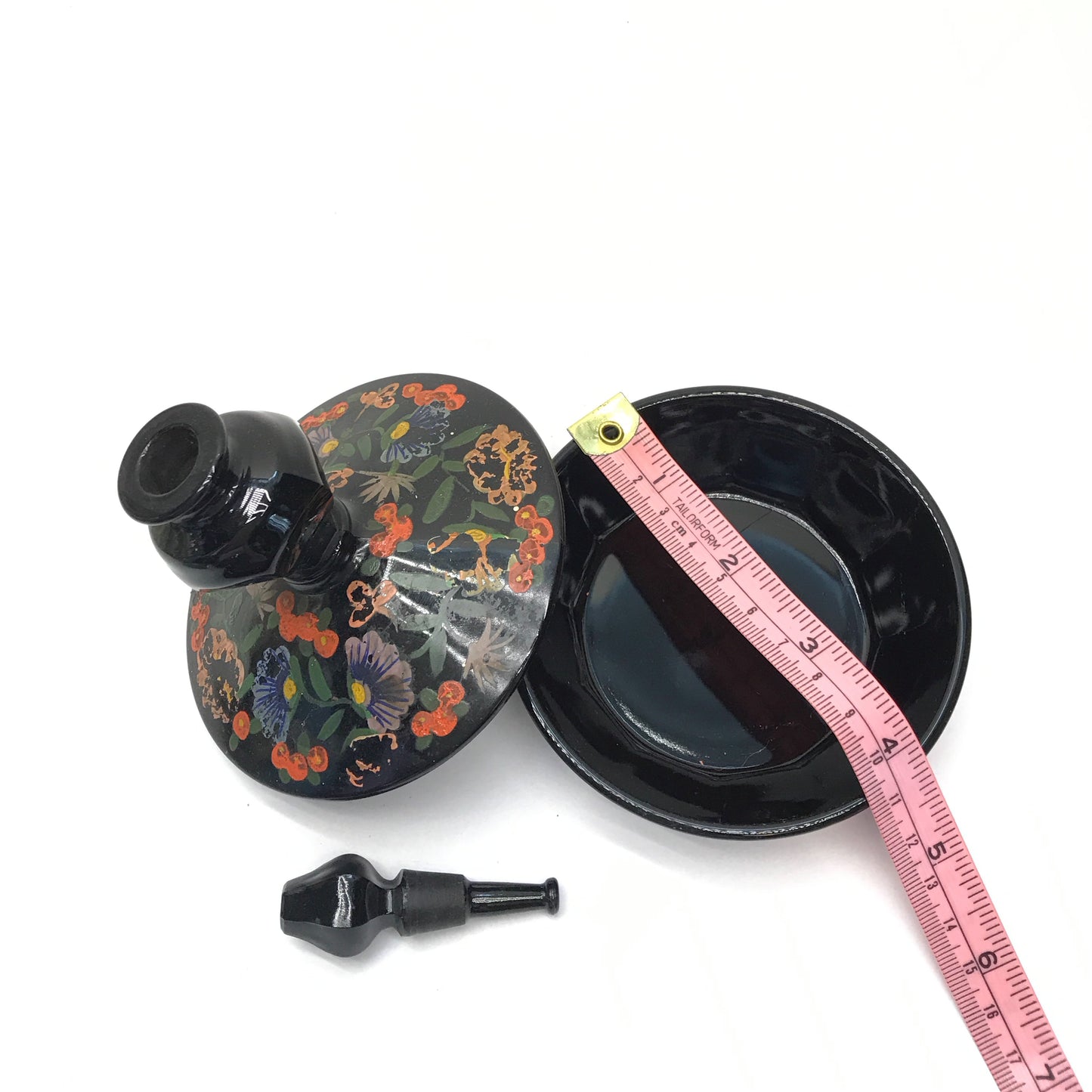 Black Glass Powder Box with Scent Bottle Lid, Vintage Perfume Bottle, Trinket Dish