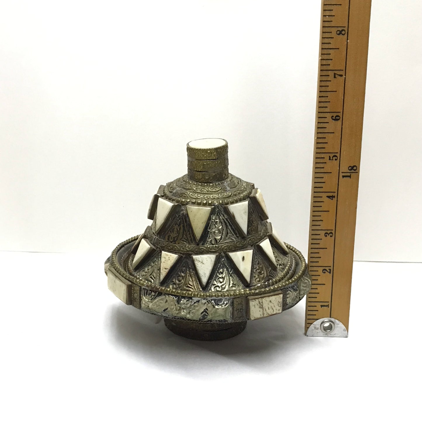 Mini Tajine Condiment Dish with Hammered Metal and Bone Accents, Ornate Lidded Terracotta Dish, Moroccan Trinket Dish