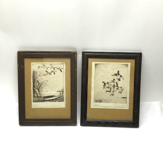 Pair of Signed and Titled Framed Ink Etchings of Ducks and Geese