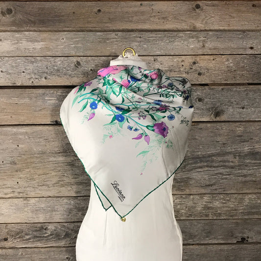 Luciano Firenze 100% Silk Floral Scarf, Pinks Blues, and Greens, MINOR WEAR, Square 30 inches.