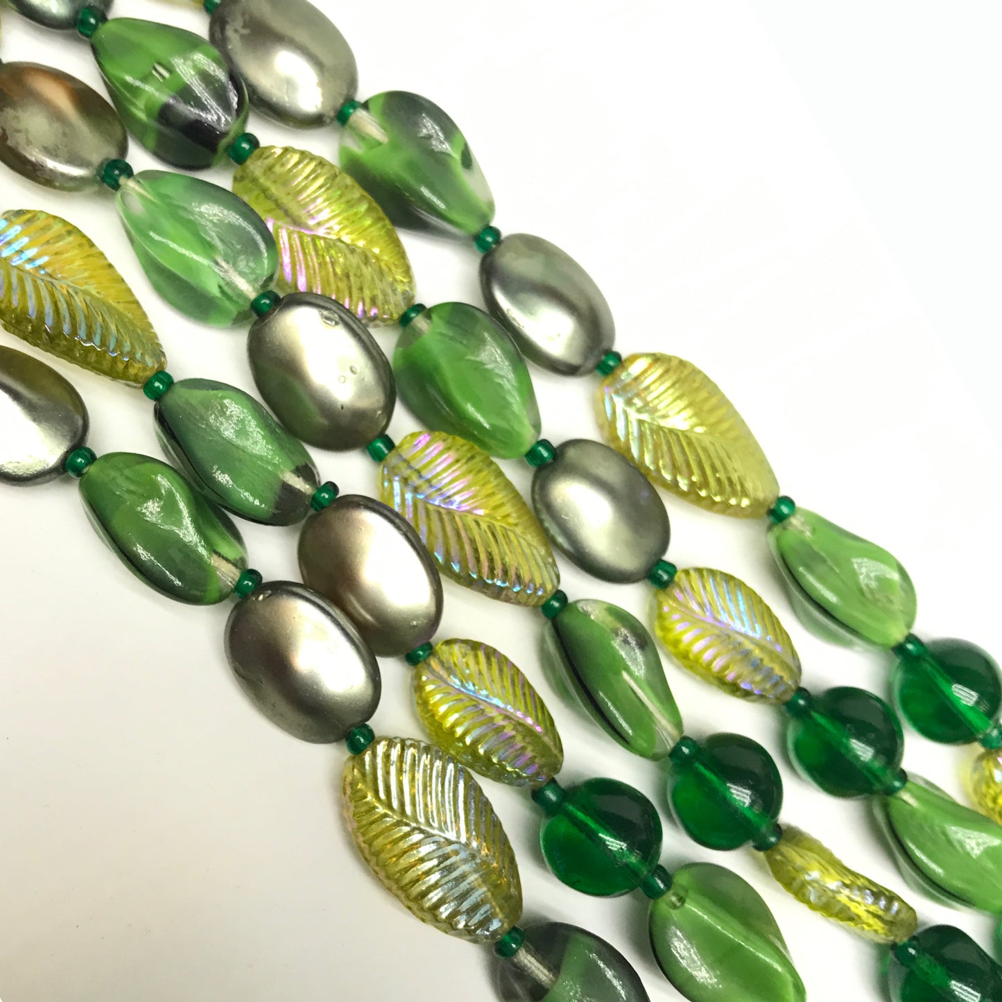 Vintage Green Glass Beads with Leaf Patterns, 5 Strands