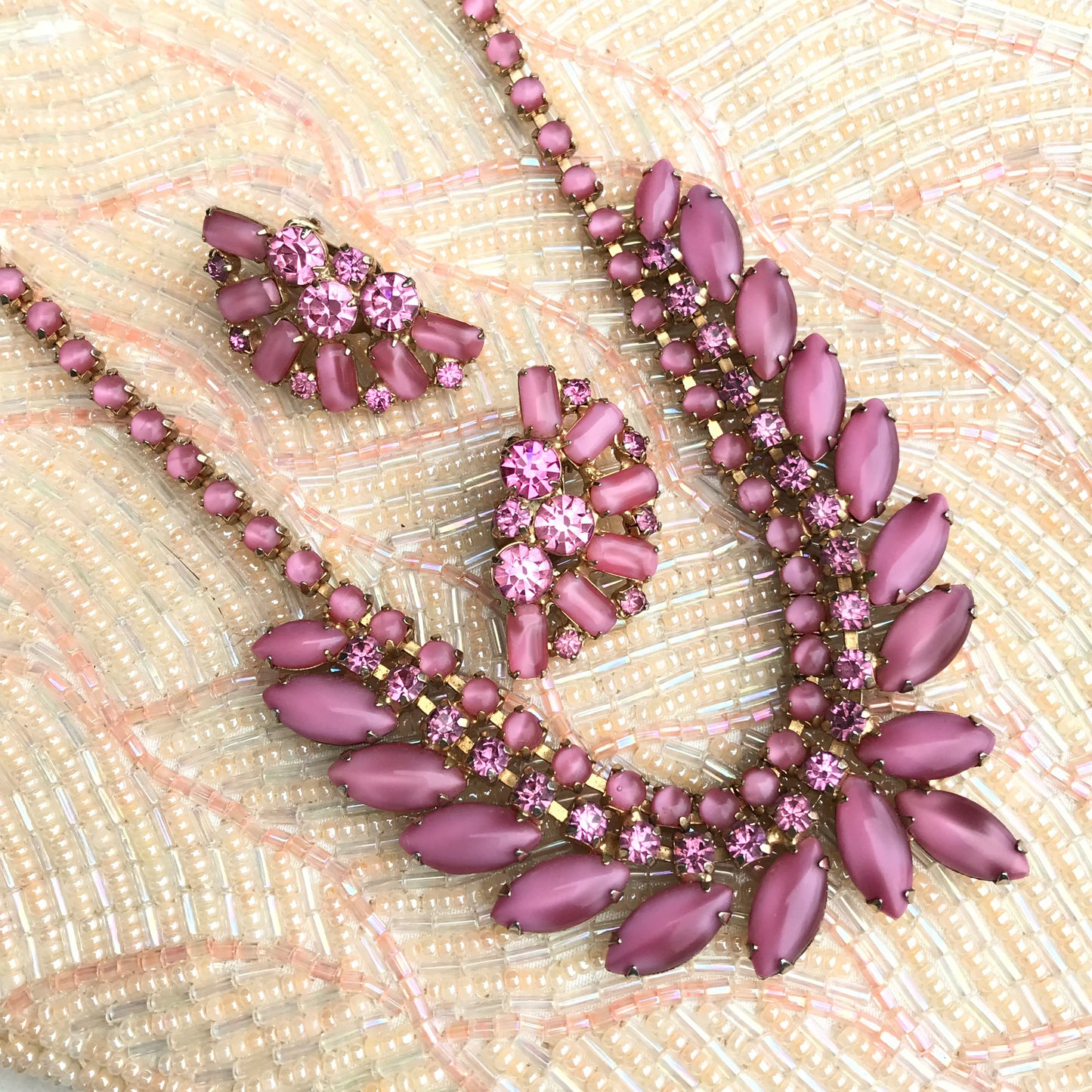 Warner Pink Opaque & Rhinestone Necklace with Clip On Earrings