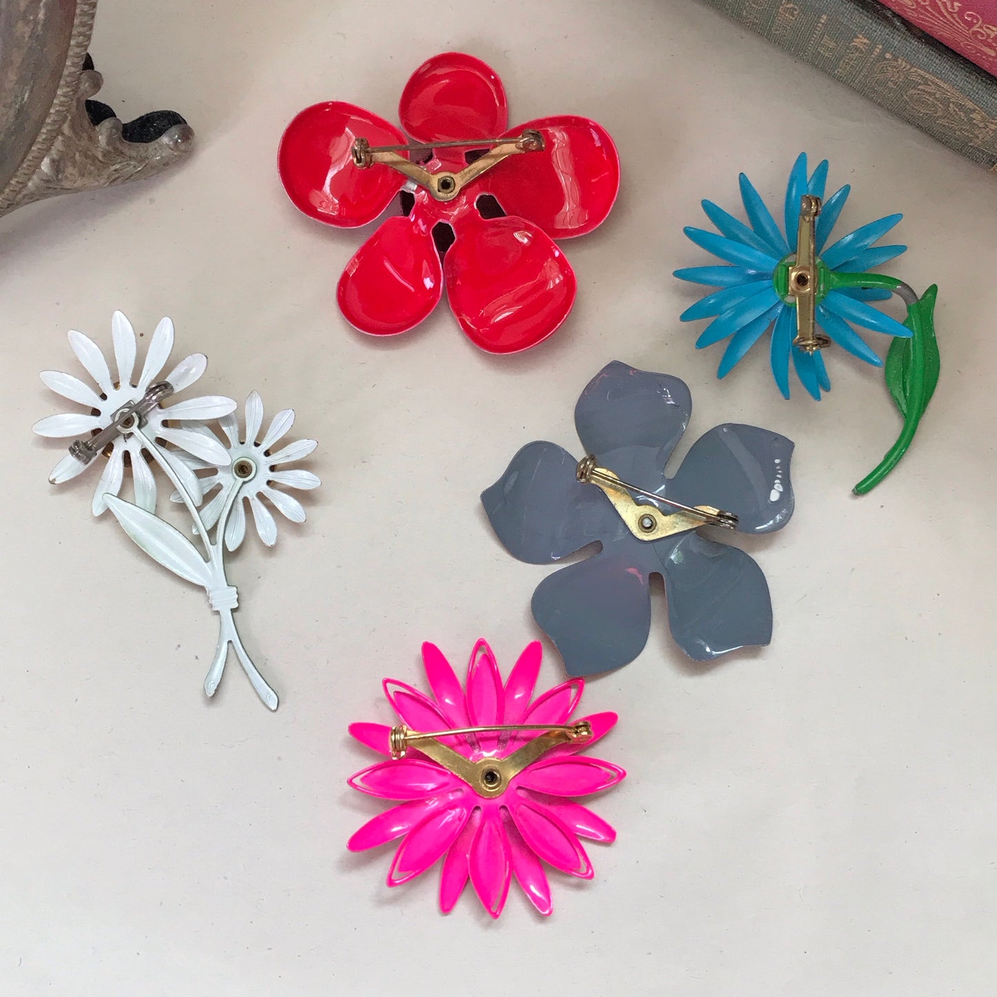 Lot of 5 Vintage Enamel Painted Floral Brooches