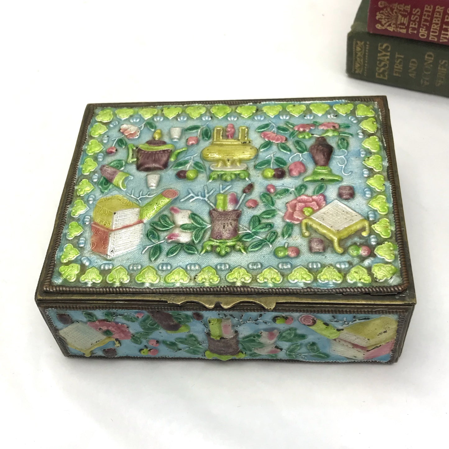 Chinese Enamel Cigarette Box with Wooden Lining, Trinket Box, Desk Decor, Stamp Box