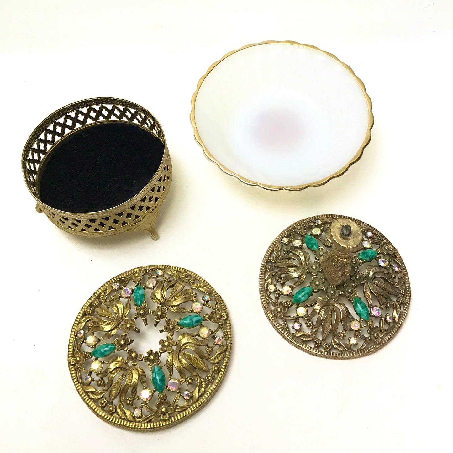 Vintage Openwork Filigree Jewellery Dresser Set, Footed Jewellery Box, Milk Glass Pedestal Dish