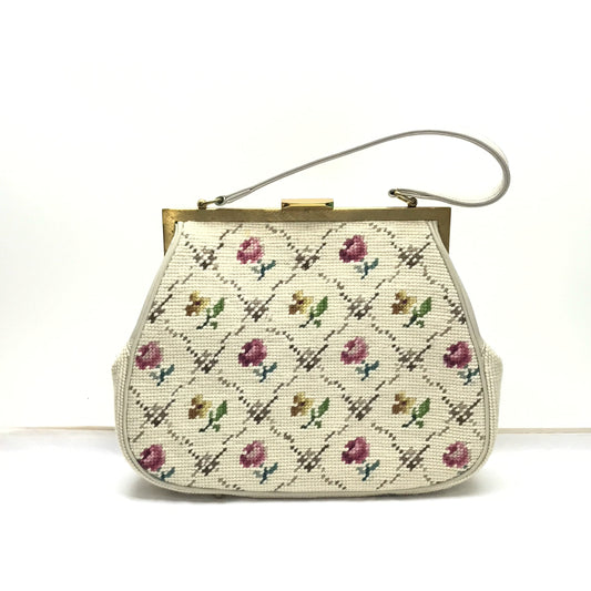 Unlabelled Floral Tapestry Purse with Leather Details