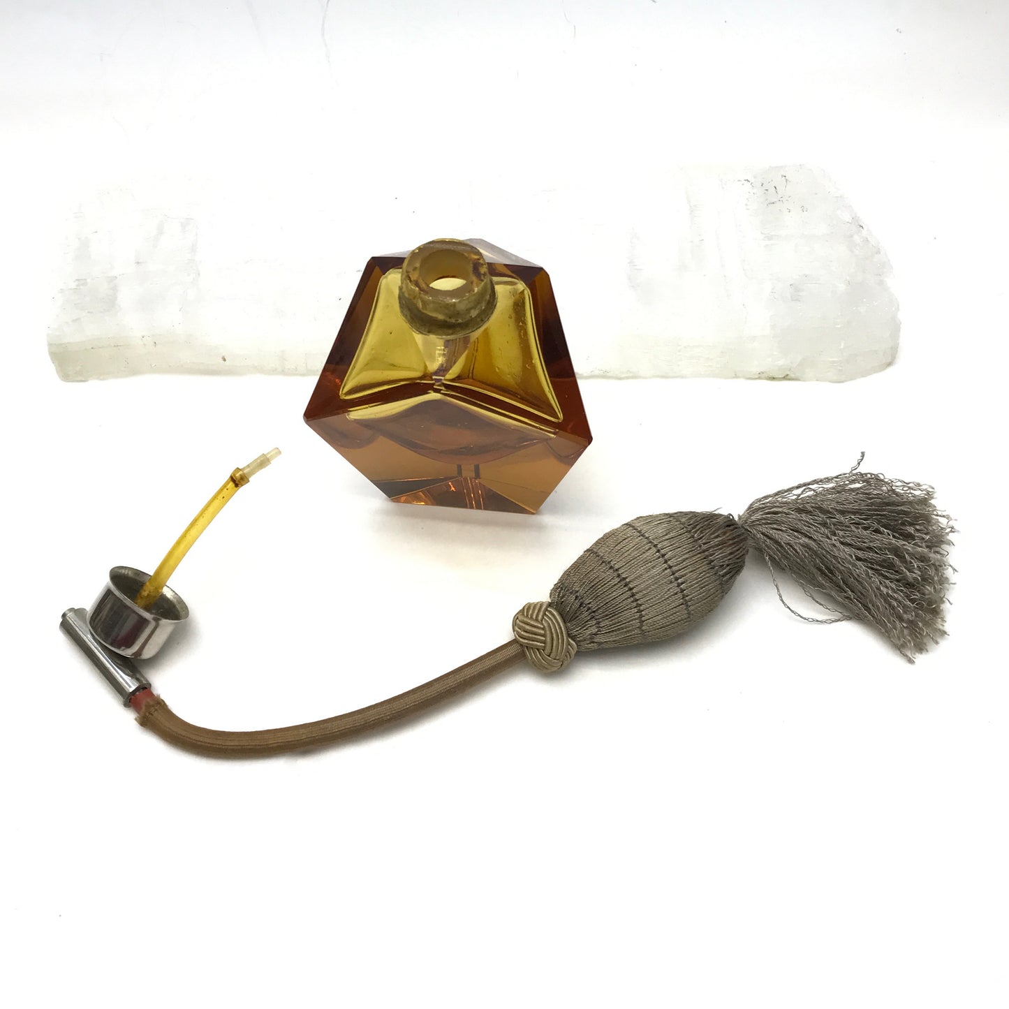 Vintage Amber-Coloured Glass Perfume Bottle, Atomizer NOT WORKING