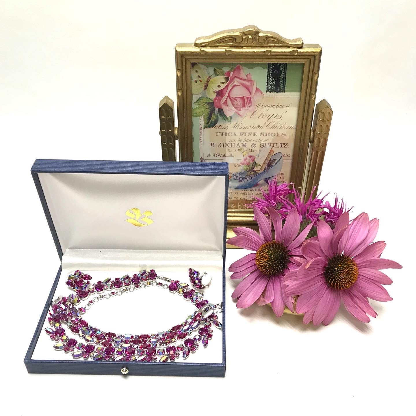 Sherman Fuchsia & Red Aurora Borealis Crystal Demi-Parure Set , Earrings, Necklace & Bracelet