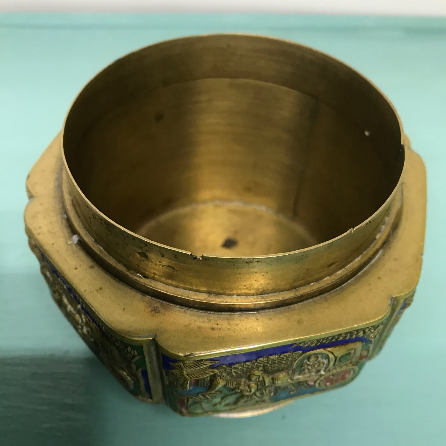 Brass Footed Jar with Hand Painted Porcelain Lid