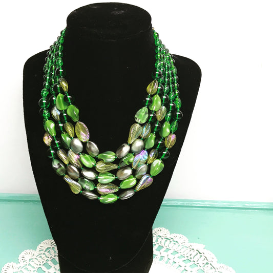 Vintage Green Glass Beads with Leaf Patterns, 5 Strands