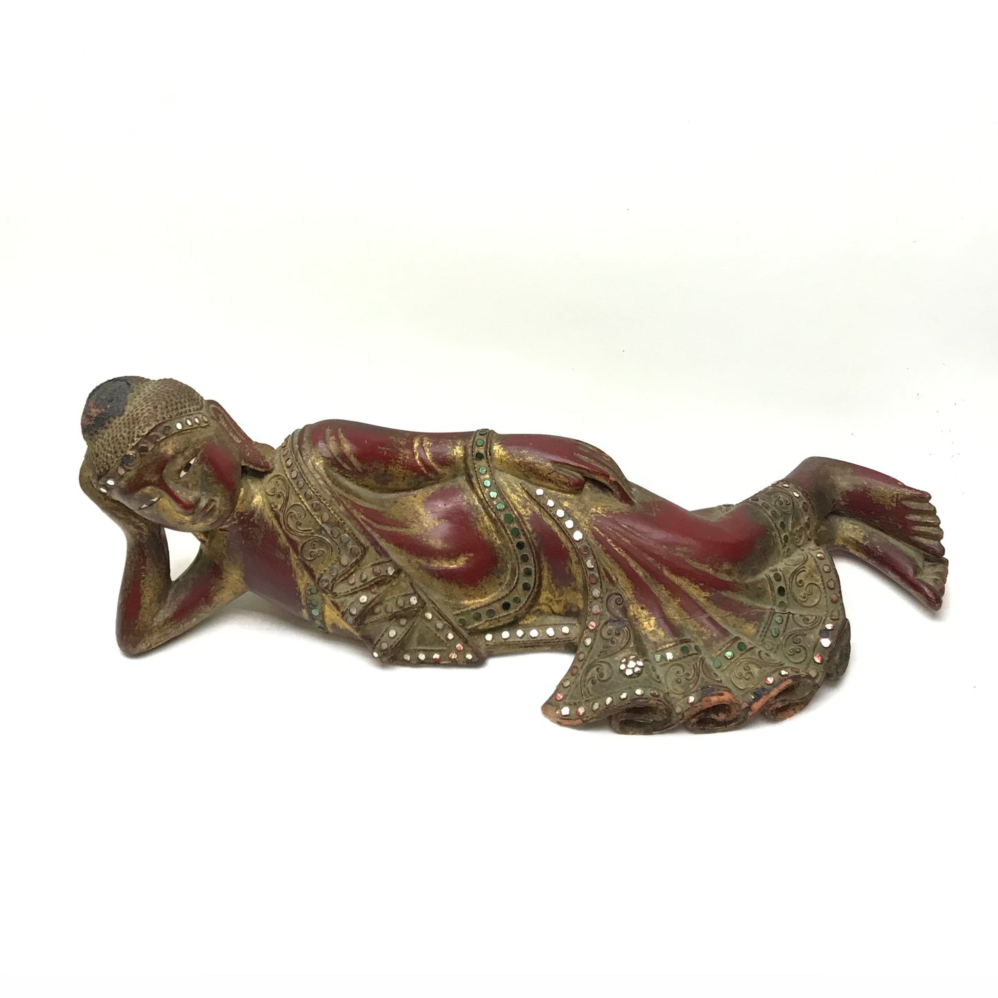 Reclining Buddha Figurine, Wooden Statue, 18 inch