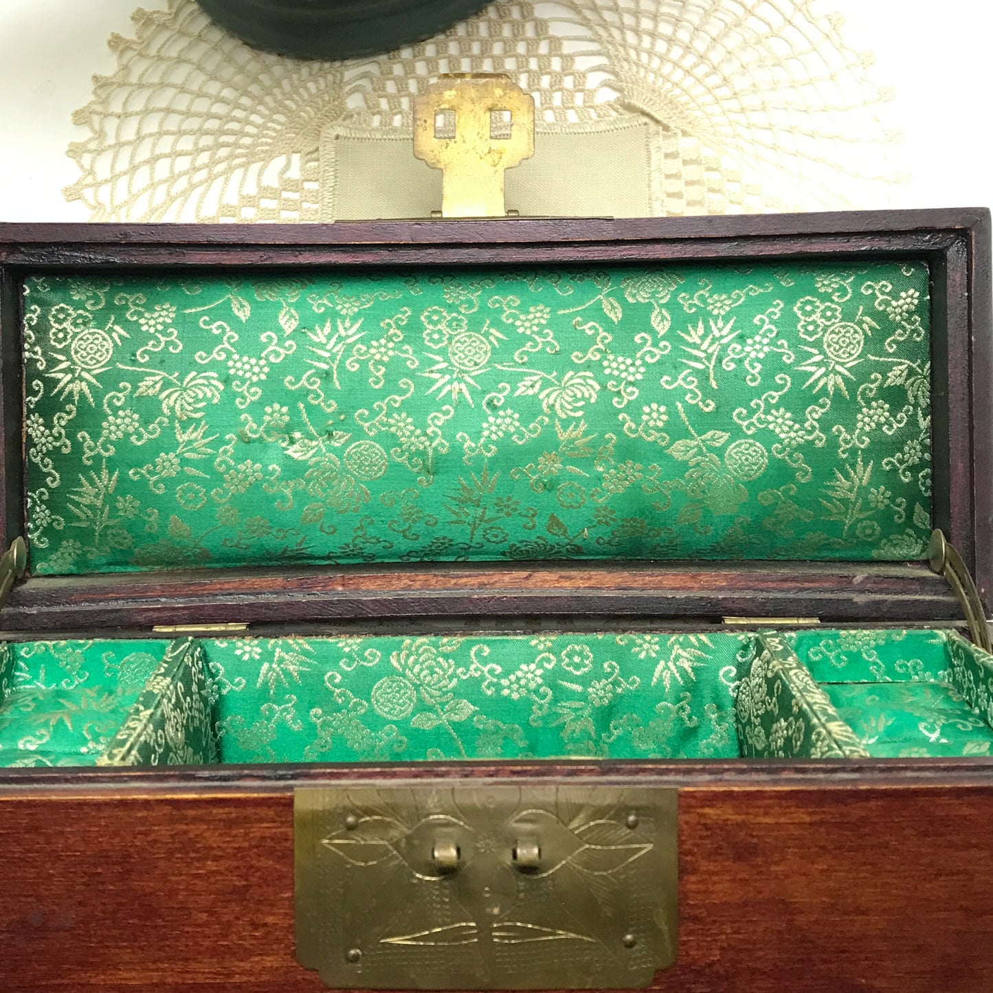 Chinese Jewellery Box with Brass & Jade Accents