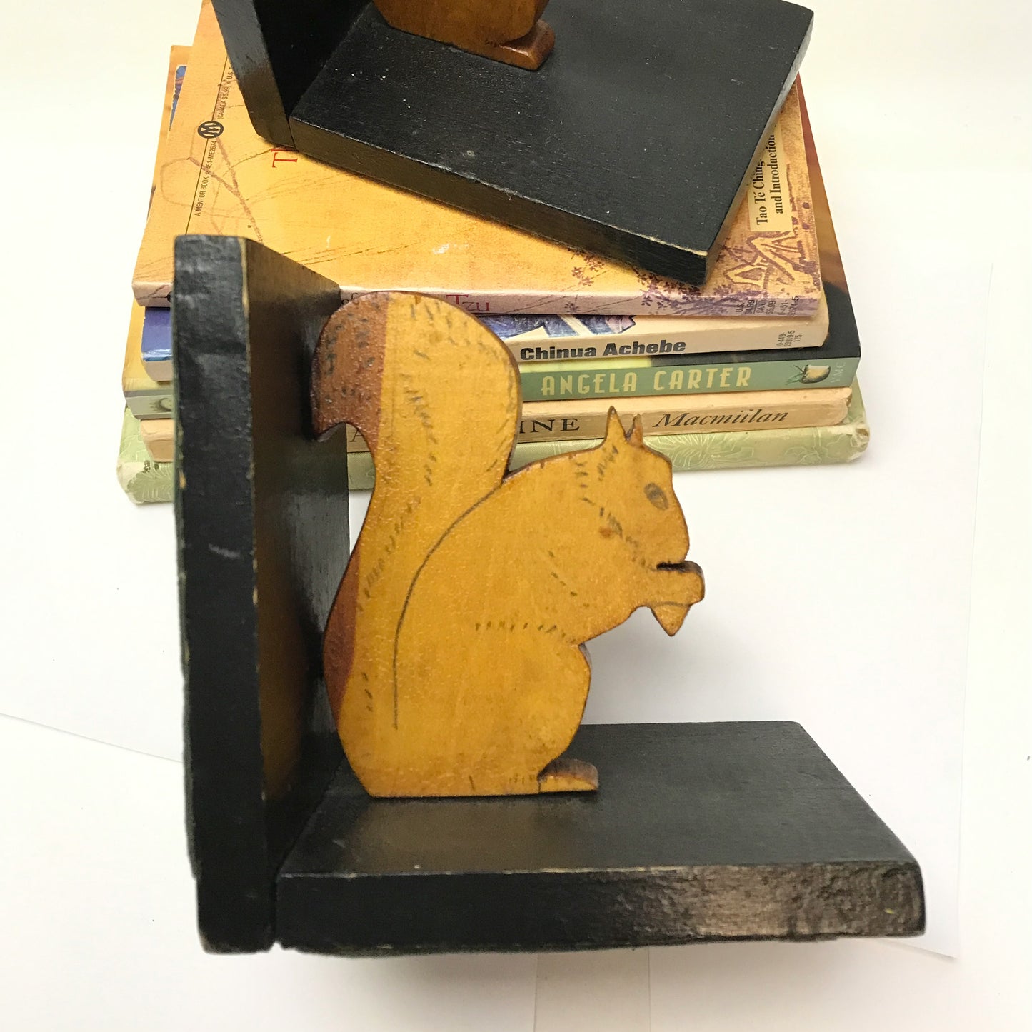 Handmade Wooden Squirrel Book Ends, Carved and Decorated Book Ends made from Reclaimed Wood, Circa 1930s-40s, Rustic Shelf Decor