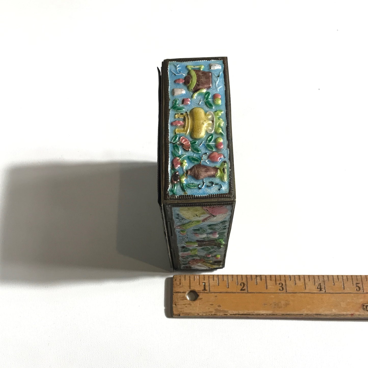 Chinese Enamel Cigarette Box with Wooden Lining, Trinket Box, Desk Decor, Stamp Box