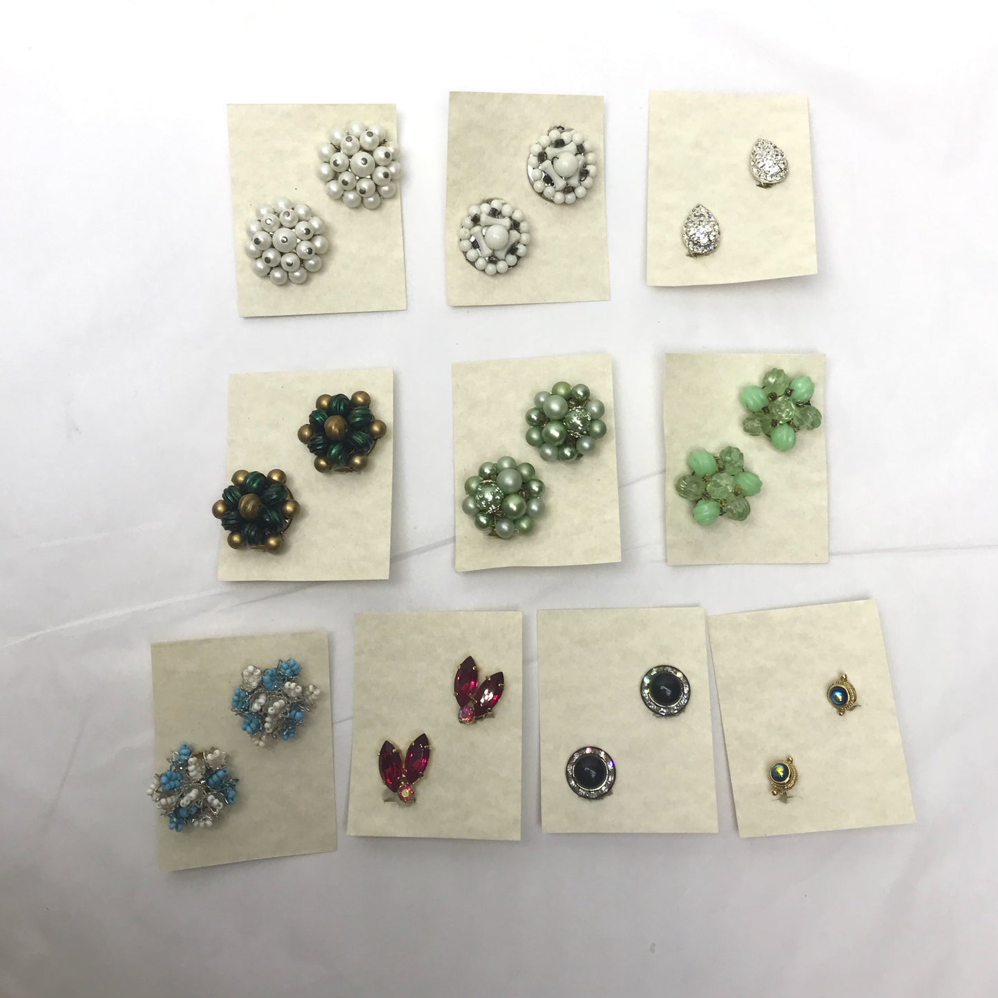 Vintage Clip On Earring Lot, 10 Pairs, Cluster Earrings, Dress up Costume Earrings