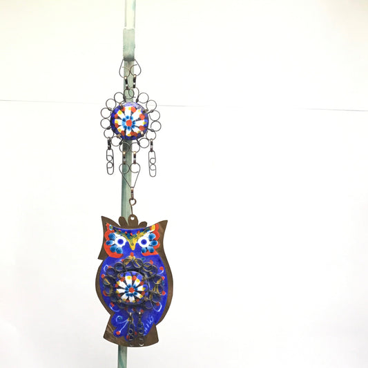 Vintage Owl Hanging Ornament, Copper and Enamel Wind Chime, Door Decoration