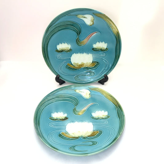 2 Majolica Waterlily Plates RESTORED, Baden Ceramics, Aqua and Green Wall Plate Decor