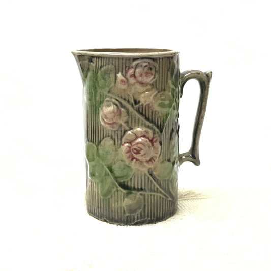 Antique Rose on Bark Majolica Pitcher, Floral Jug, Antique Cream Jug