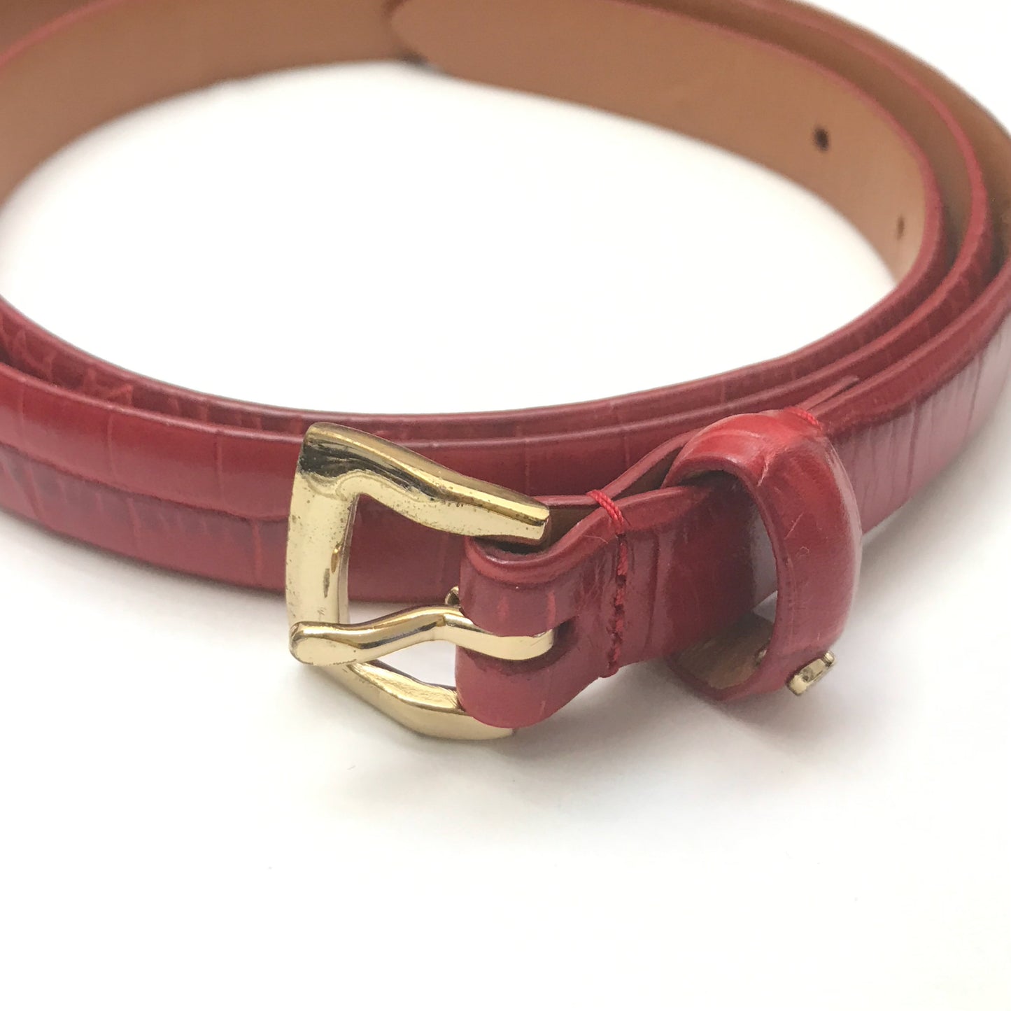 Skinny Red Textured Leather Belt, Gold Metal Buckle, Lauren Ralph Lauren, Waist 34 - 37.5 inches