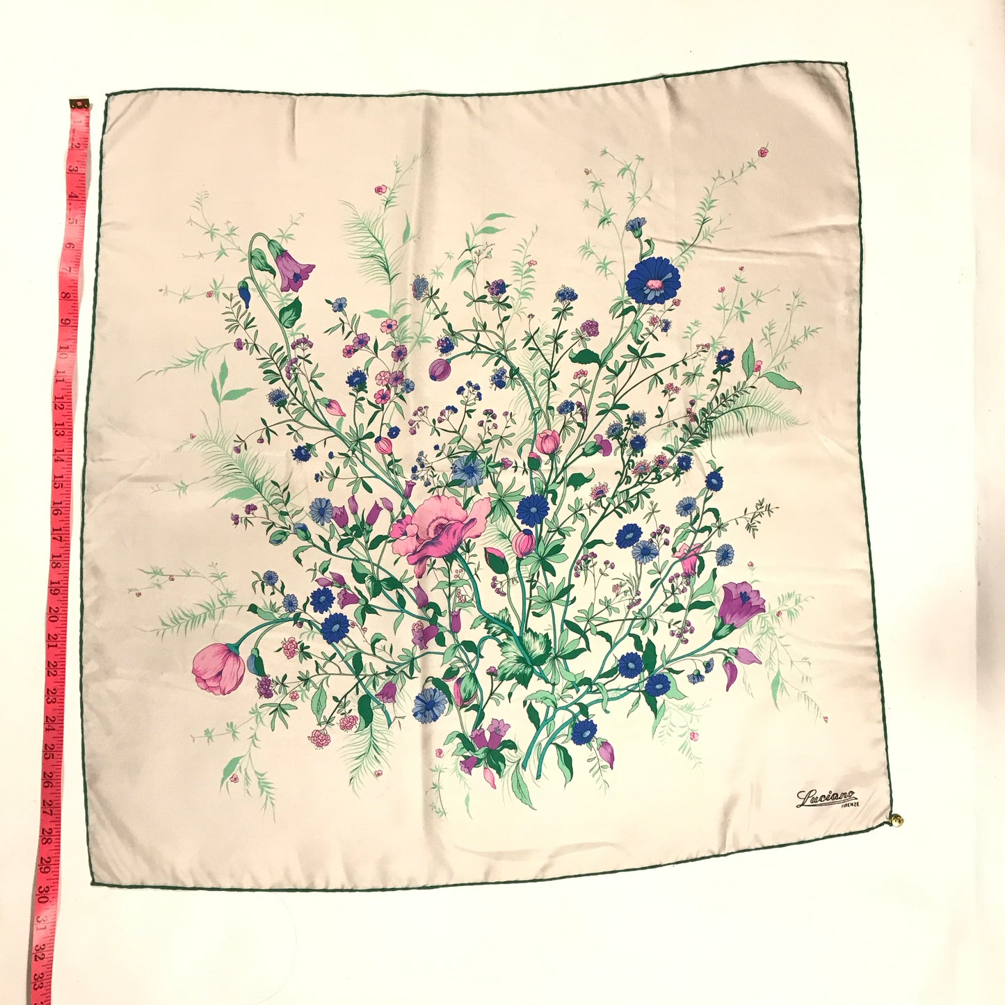 Luciano Firenze 100% Silk Floral Scarf, Pinks Blues, and Greens, MINOR WEAR, Square 30 inches.