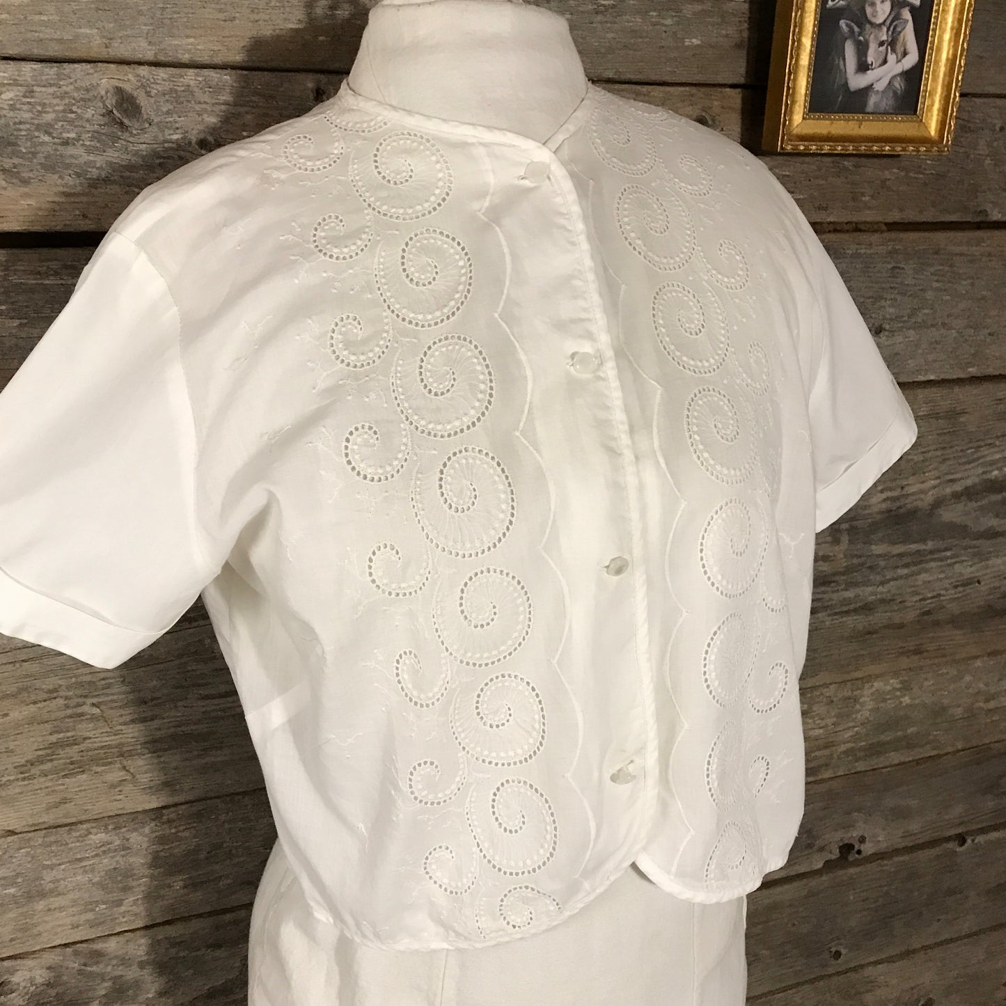 Short Sleeved Vintage Cotton Blouse with Woven Repair, Embroidered Button Up Top