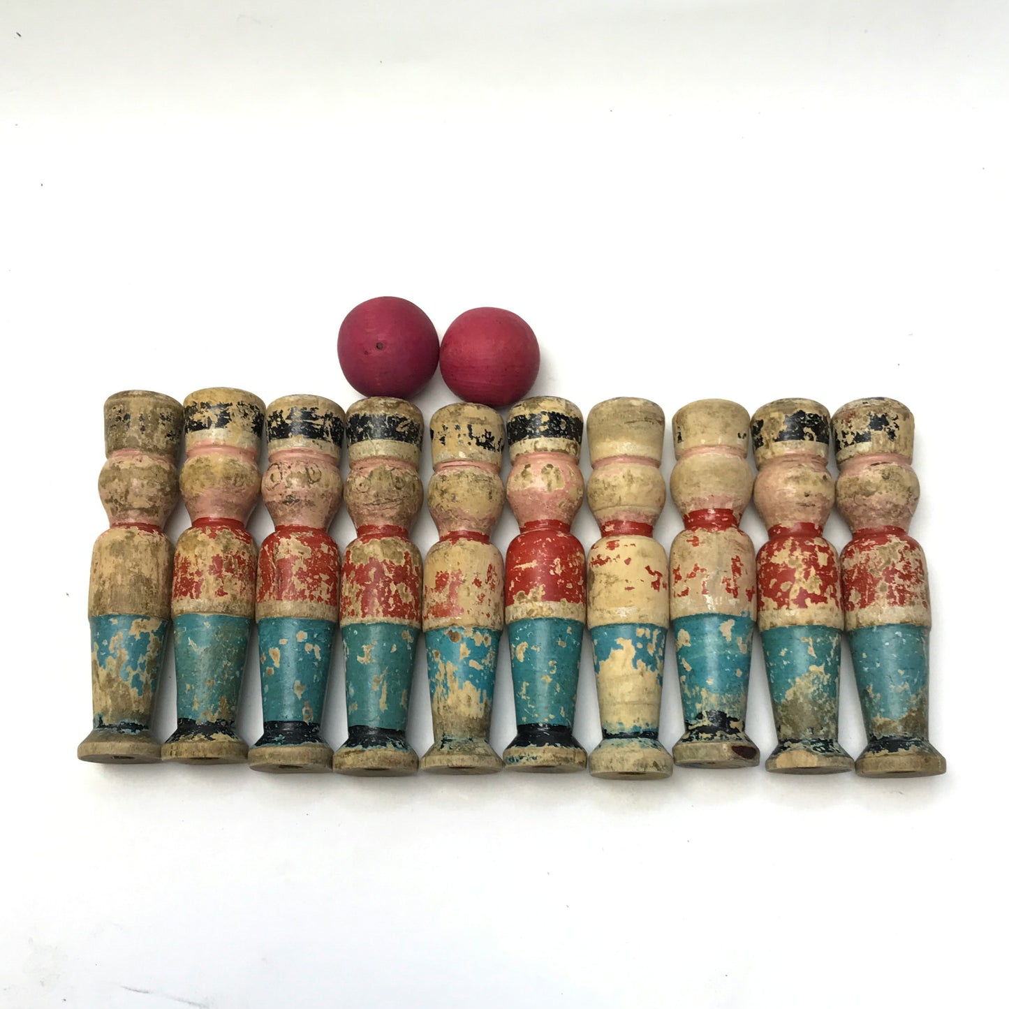 Distressed Vintage Mini Wooden Skittles Set, Miniature Table Top Bowling Set, 10 Pins & 2 Balls, AT FAULT