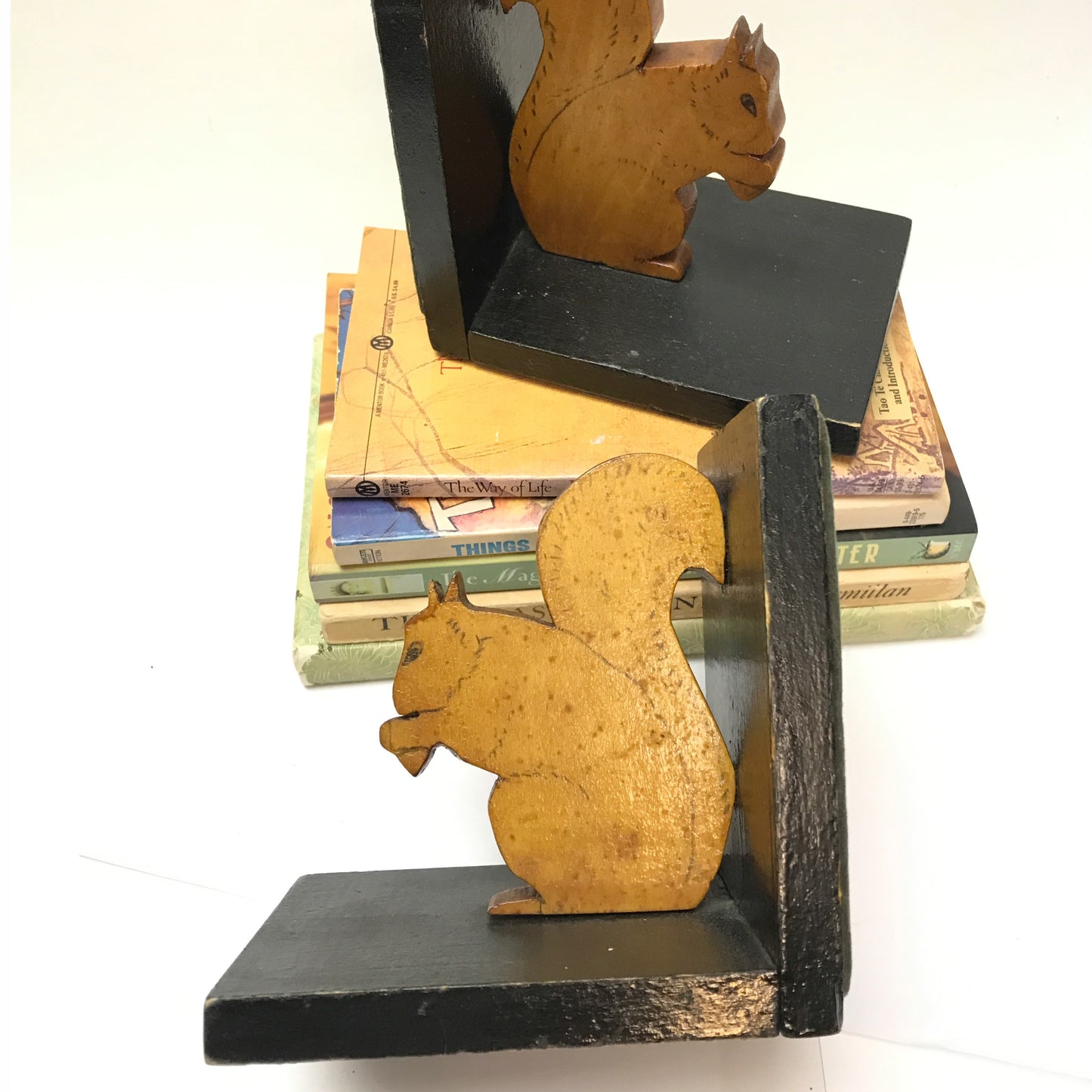 Handmade Wooden Squirrel Book Ends, Carved and Decorated Book Ends made from Reclaimed Wood, Circa 1930s-40s, Rustic Shelf Decor