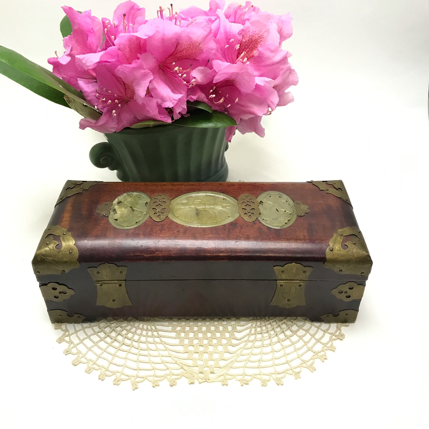 Chinese Jewellery Box with Brass & Jade Accents