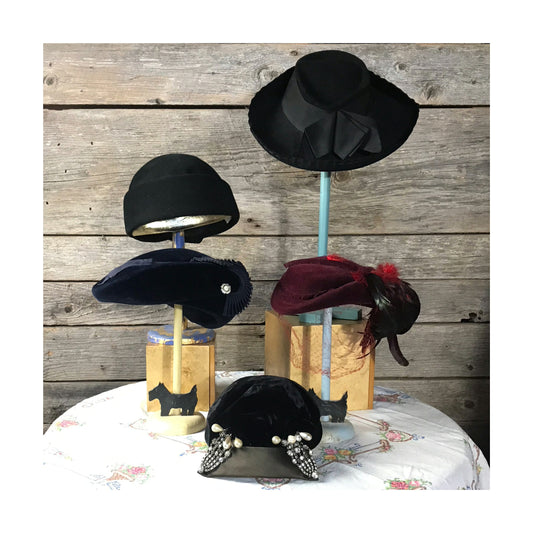 Lot of 5 Vintage Felt or Velvet Hats for Costuming, Quality Designs, Some in Need of SMALL REPAIRS