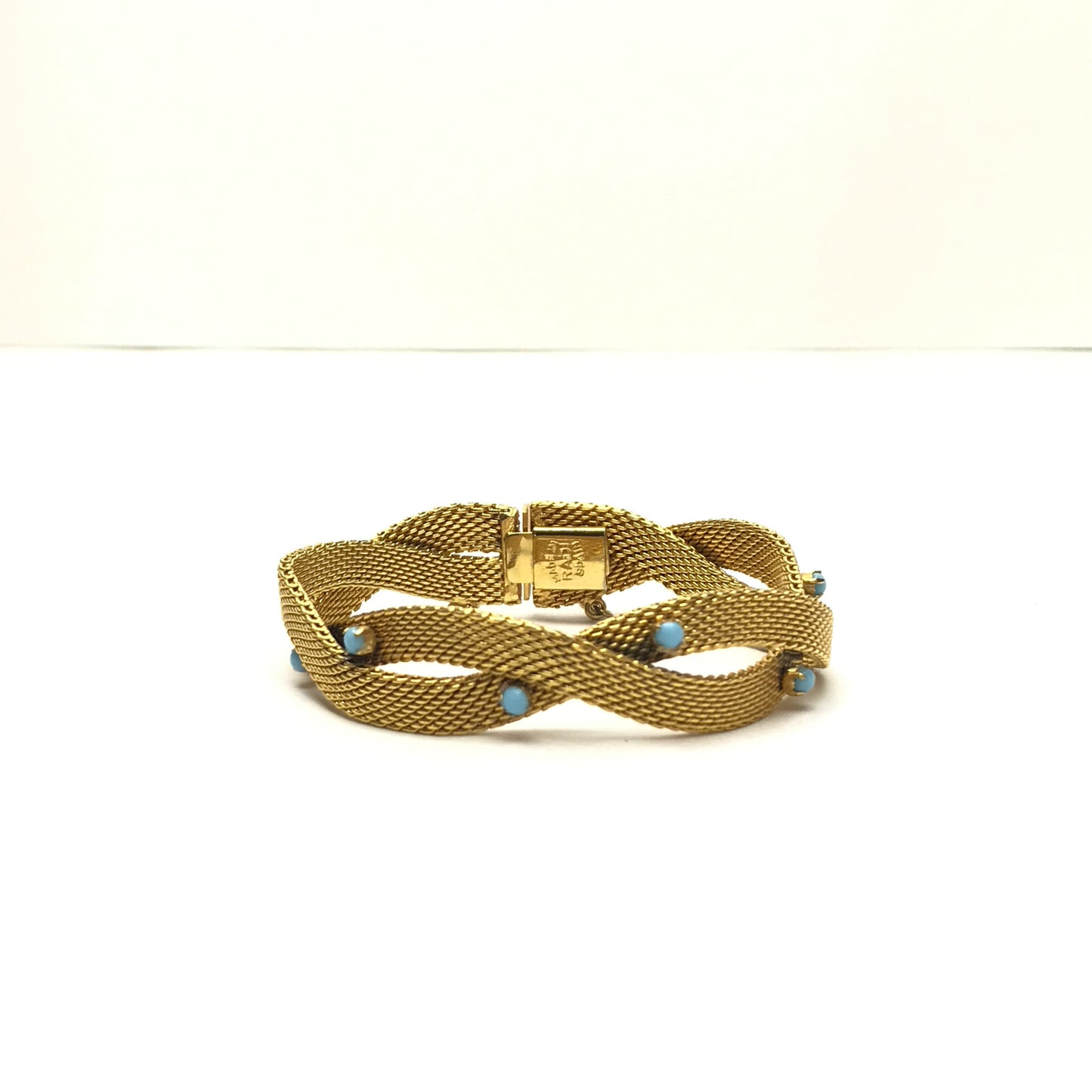 Gold Metal Mesh Bracelet with Turquoise Coloured Stones, Signed Radi Spain