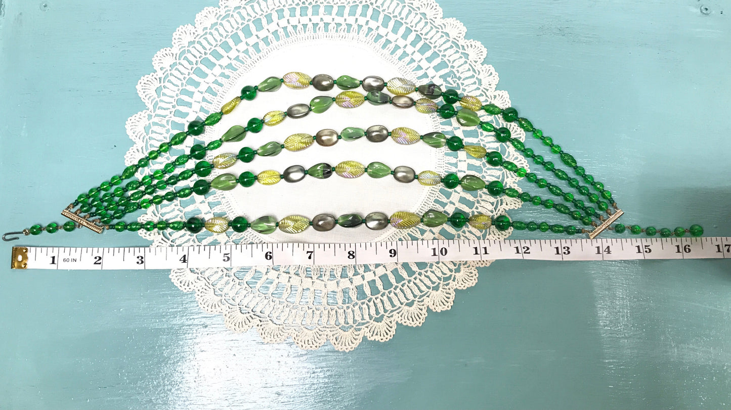 Vintage Green Glass Beads with Leaf Patterns, 5 Strands