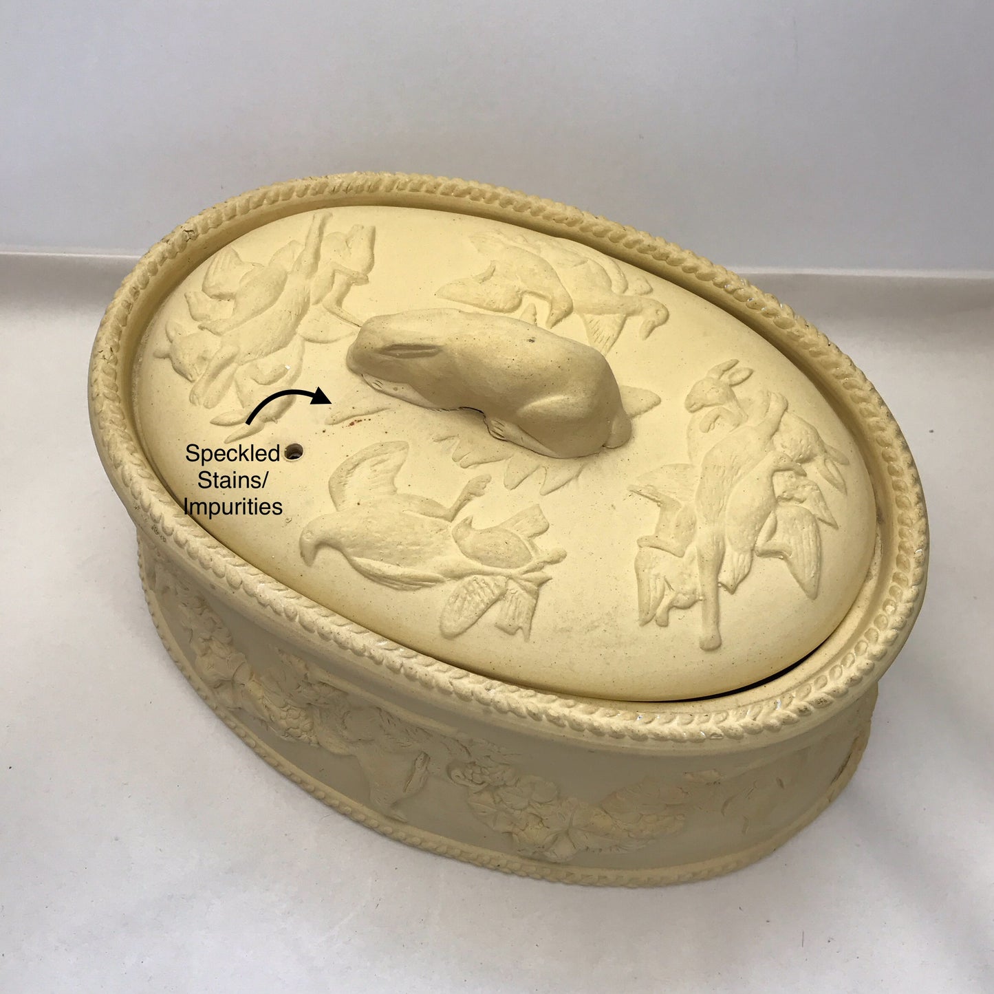 Caneware Hare Game Pie Dish with Rabbit Finial on Lid, Baking Tureen, Antique Casserole Dish