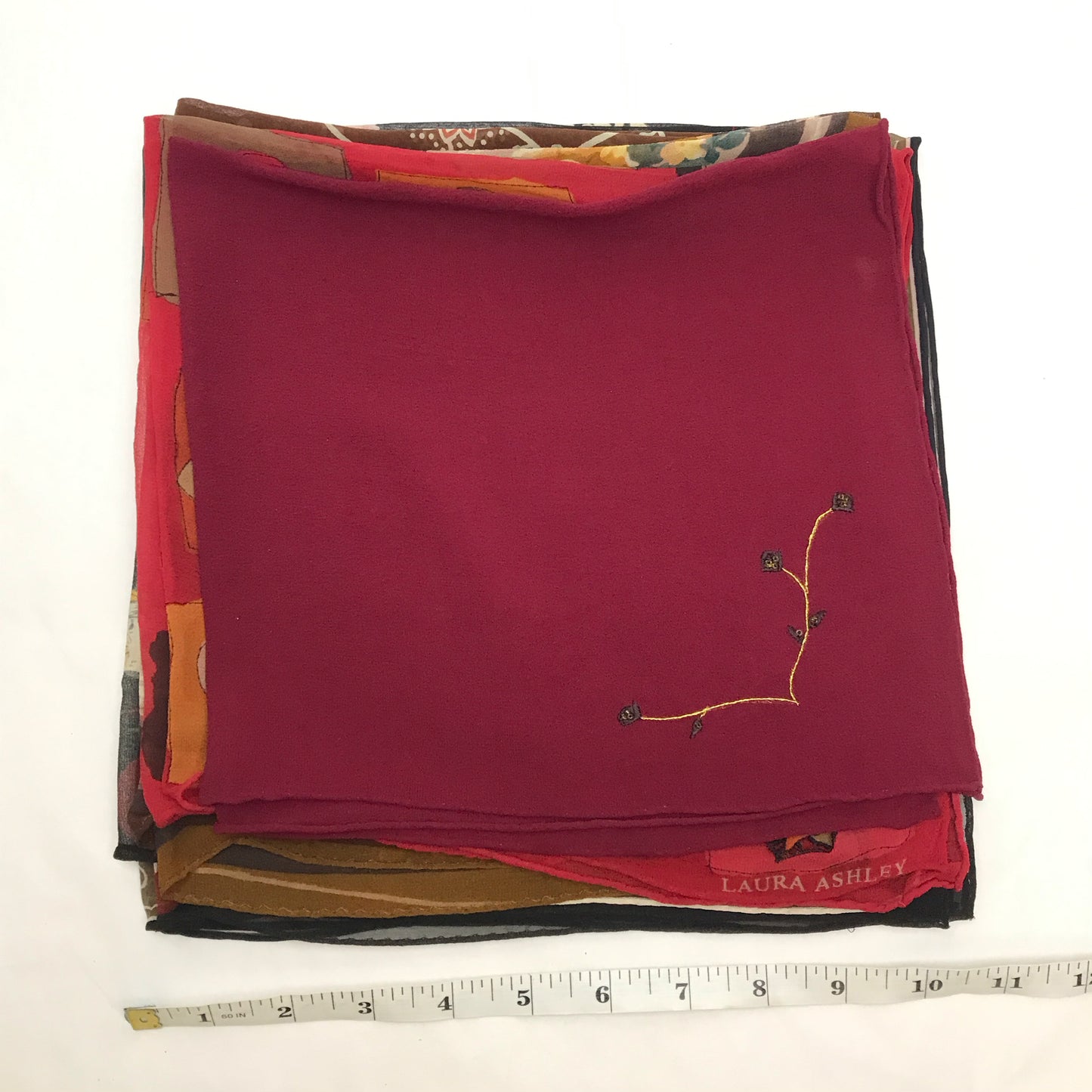 Lot of 6 Lightly Damaged Small Crepe Silk Scarves, Scarves for Costuming or Upcycled Crafting, Square Neck Scarves 20 inches X 21 inches