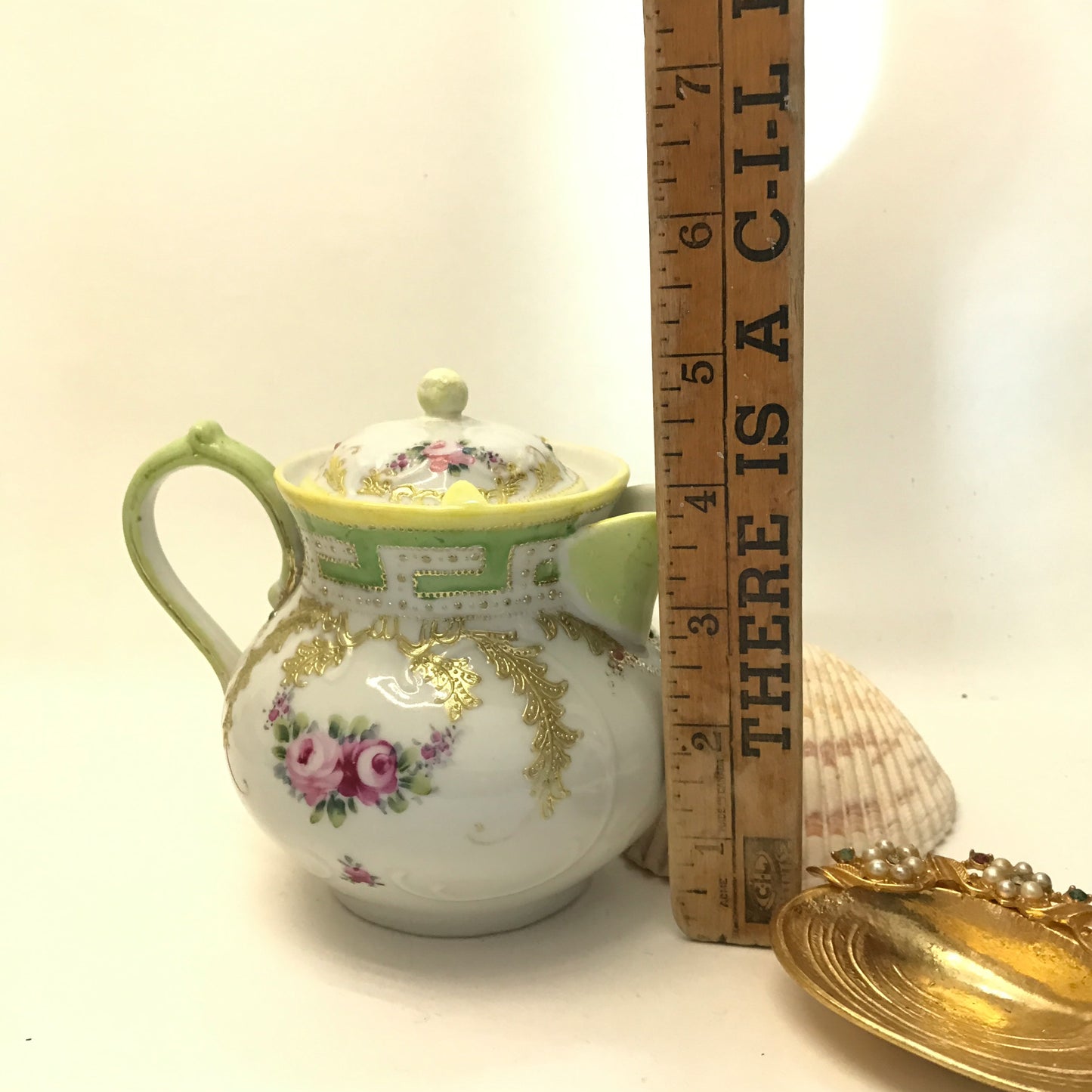 Nippon Child’s Porcelain Teapot, Rose with Gold Accents, Toy Tea Pot, Small Fault in Spout