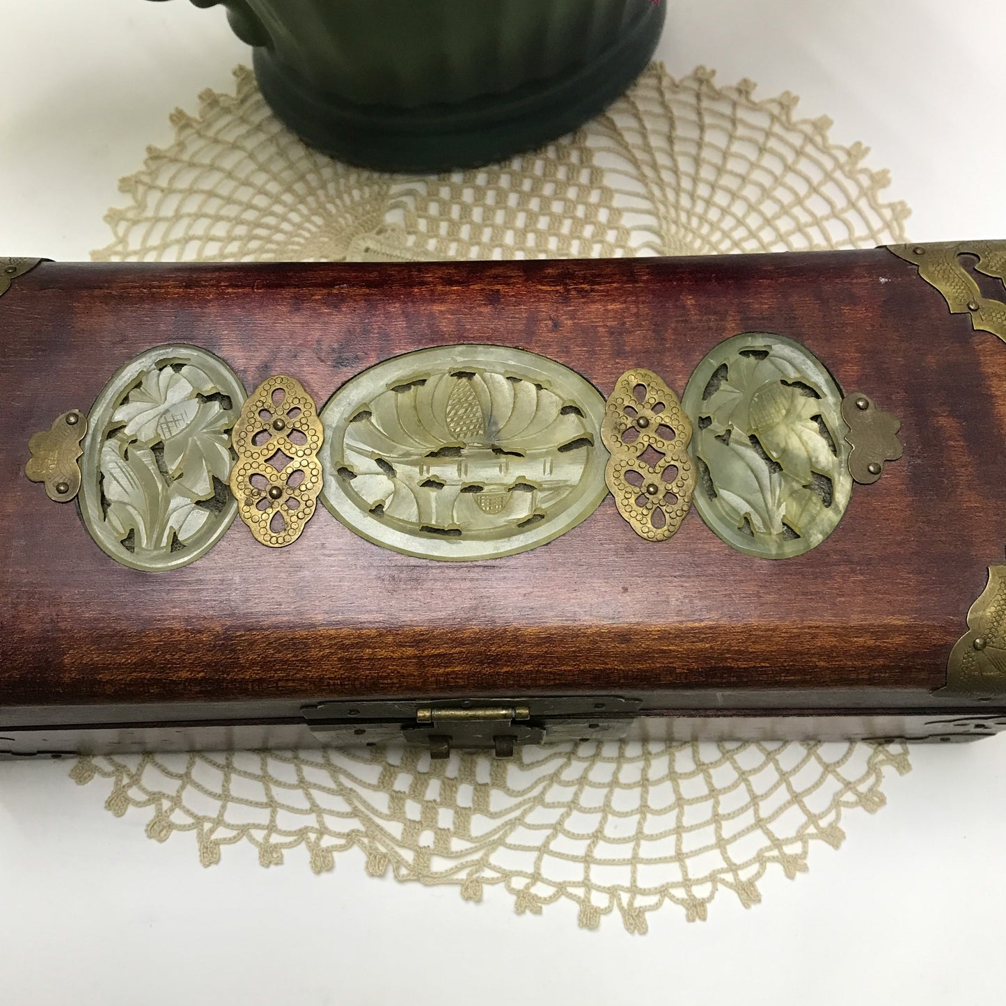 Chinese Jewellery Box with Brass & Jade Accents