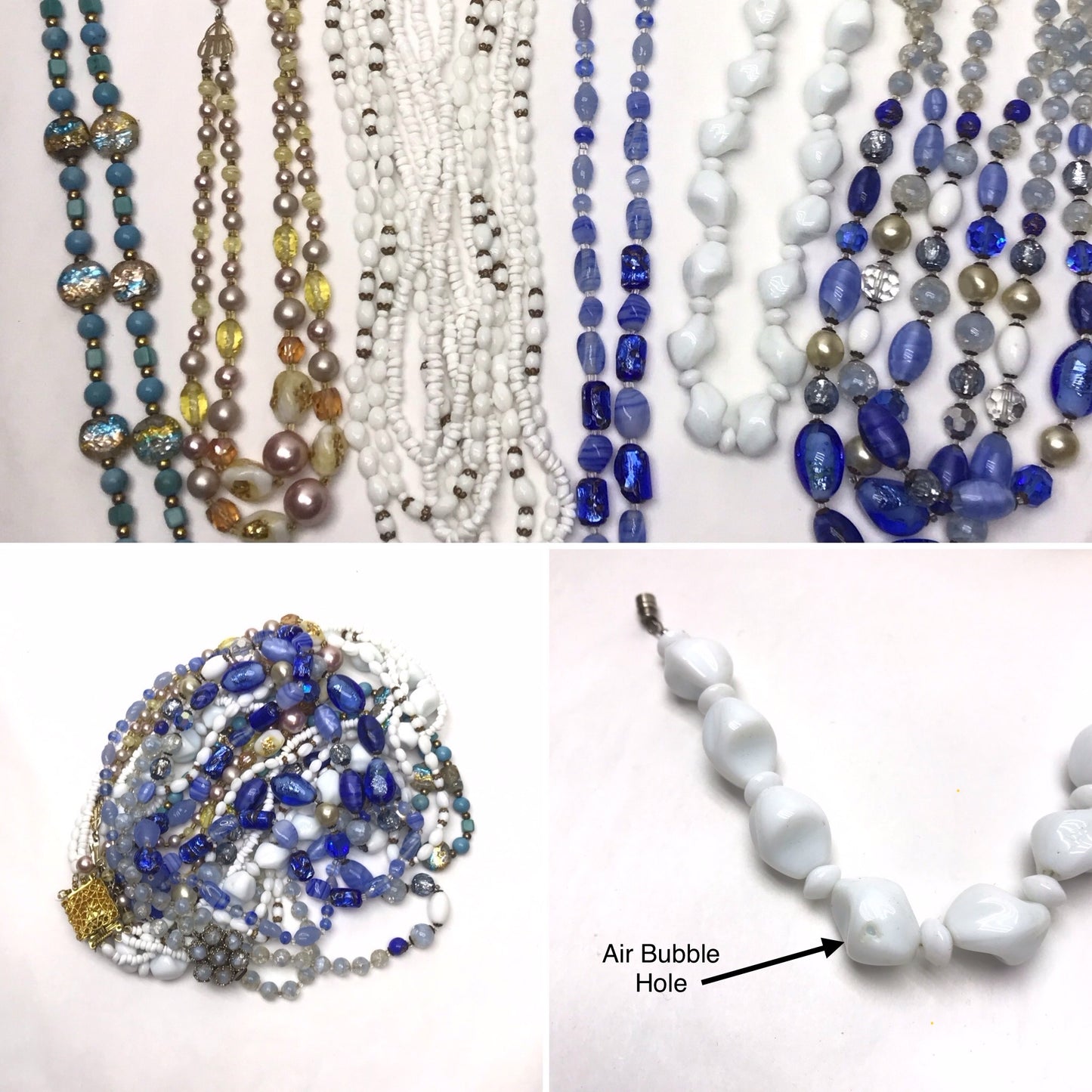 Lot of 6 Vintage Bead Necklaces, Foil Glass Beads, Glass Twists, Wearable, but in need of restringing