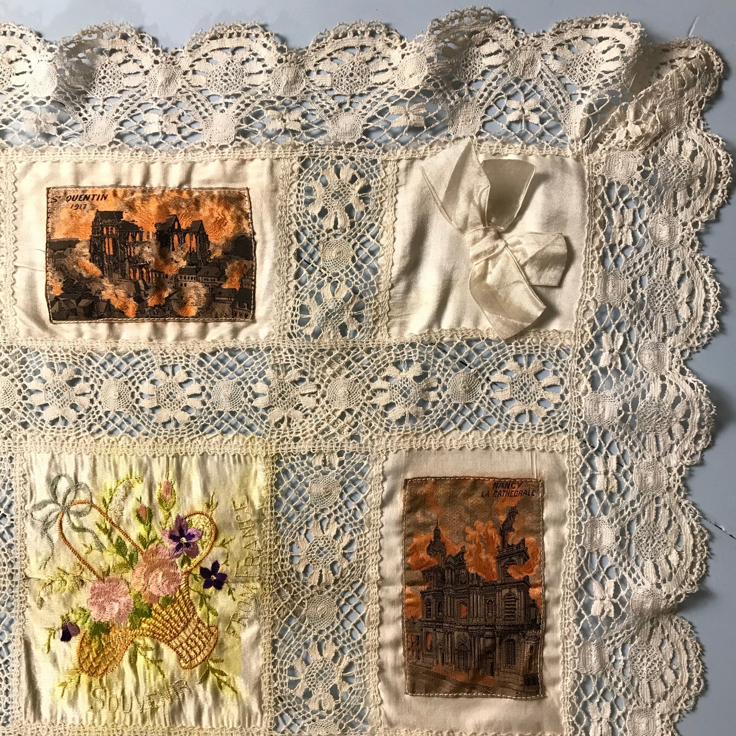 Antique Souvenir Postcard Silks Doily, circa 1917, French Lace Souvenir Handkerchief, AT FAULT