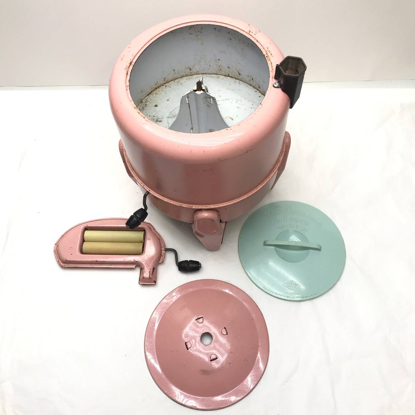 Vintage Pink Wolverine Wringer Washing Machine Toy, Clothes Line Base and Tattered Original Box Included.