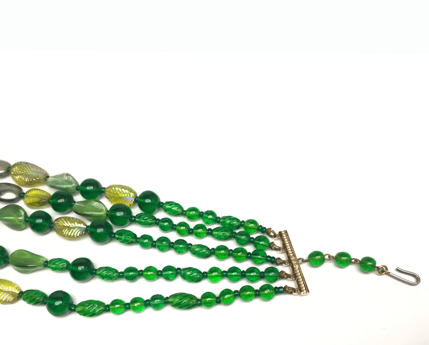 Vintage Green Glass Beads with Leaf Patterns, 5 Strands