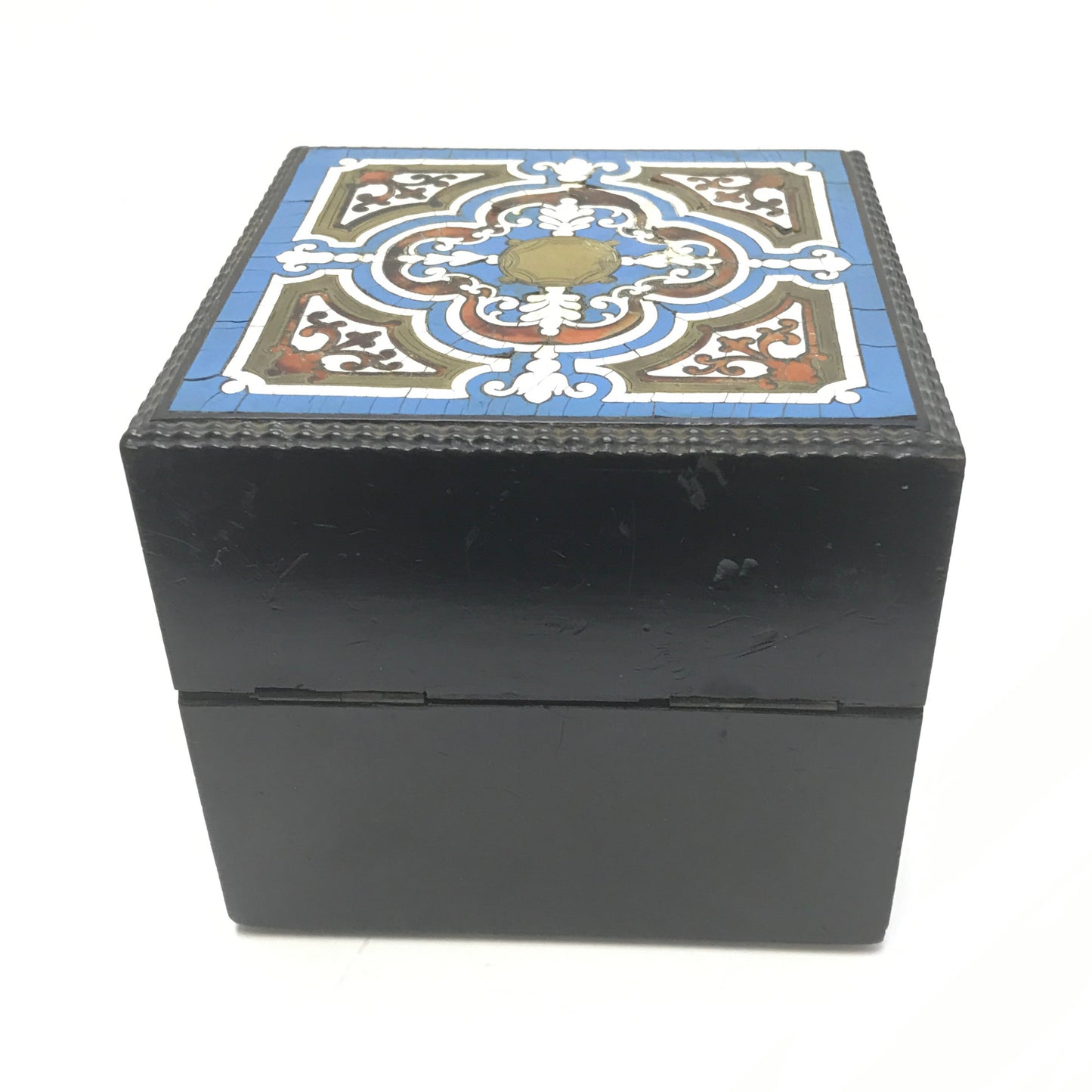 Antique Enamel Tea Box, Chippy Paint, Brass Inlay, and Small Old Repairs, 19th Century