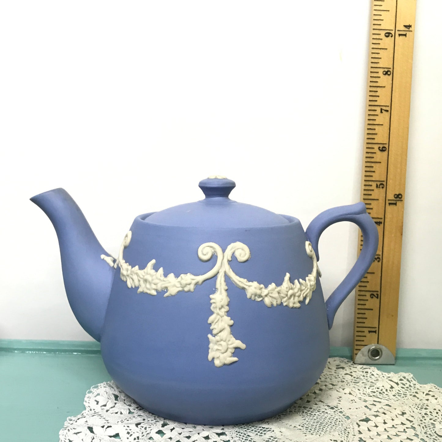 Vintage Ecanada White on Blue Jasperware Teapot