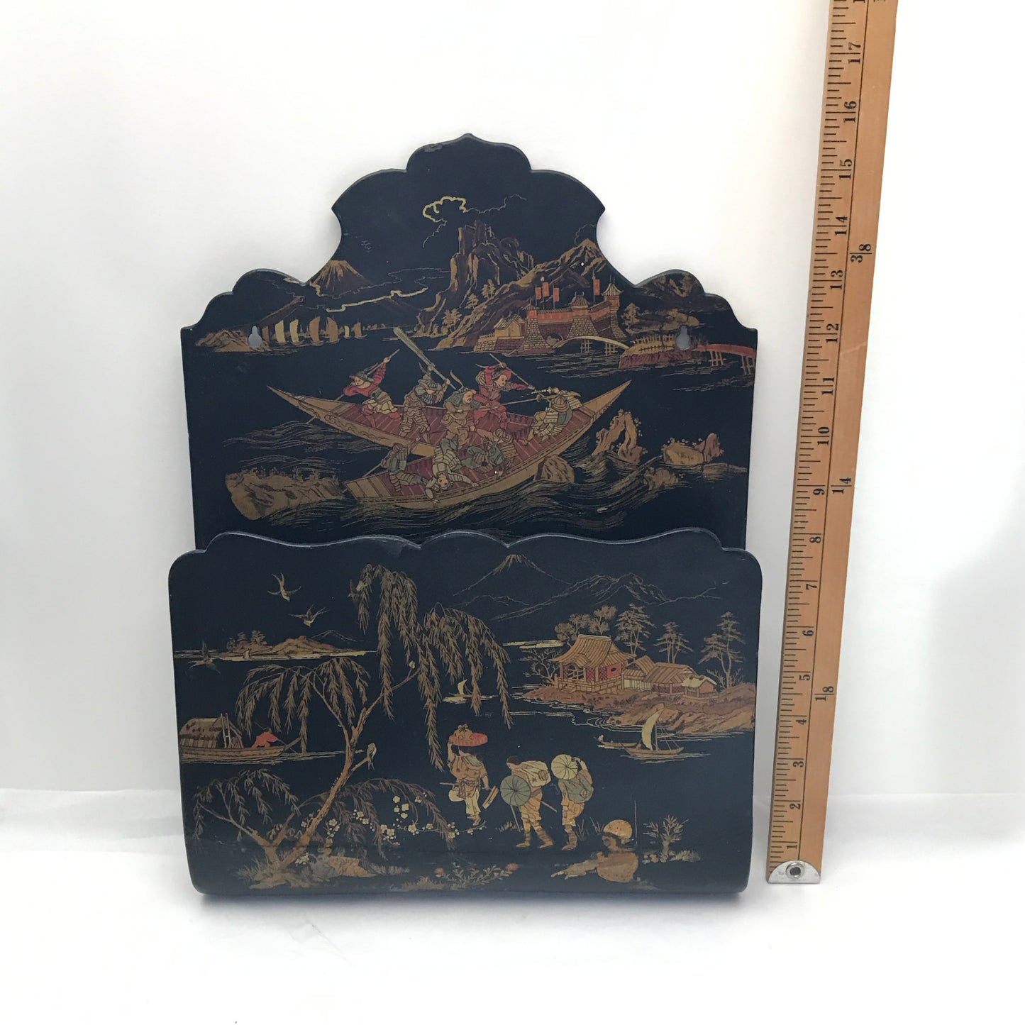 Chinoiserie Lacquer Wall Rack Japanese Papier Maché Newpaper Holder, REPAIRED